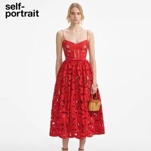 Self-Portrait❤ red Embroidered sexy suspender dress